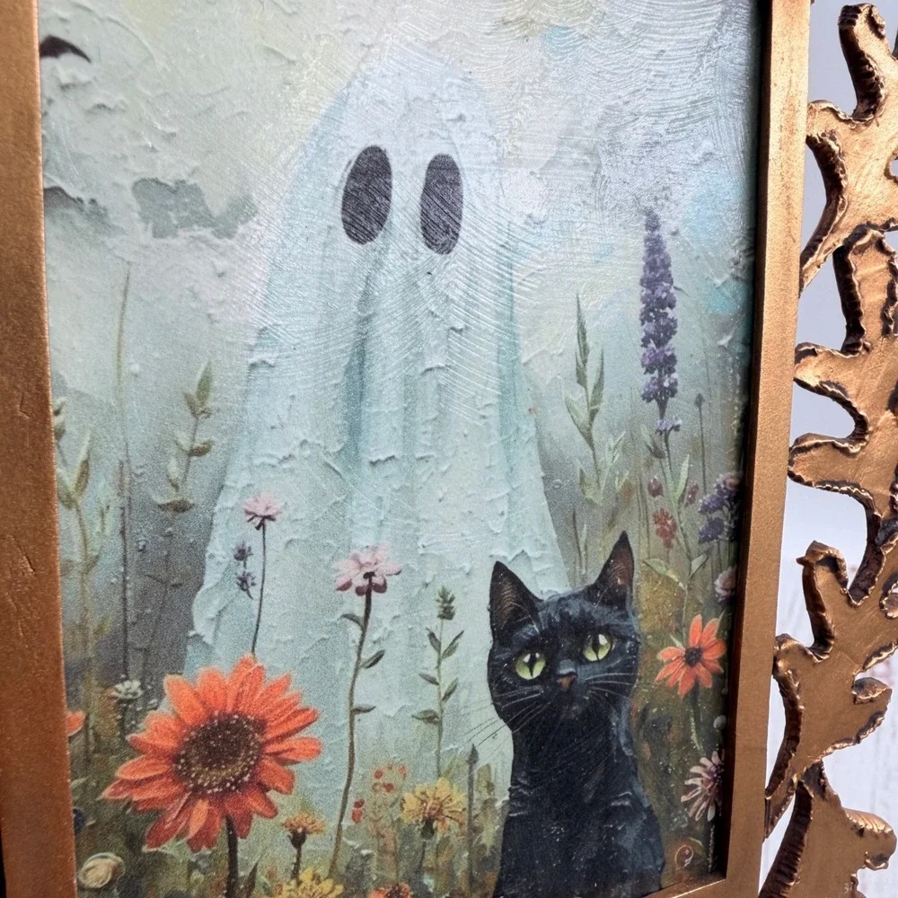 Ghost and Black Cat Decoupage Art in Gold Ornate Branch Frame Halloween Decor